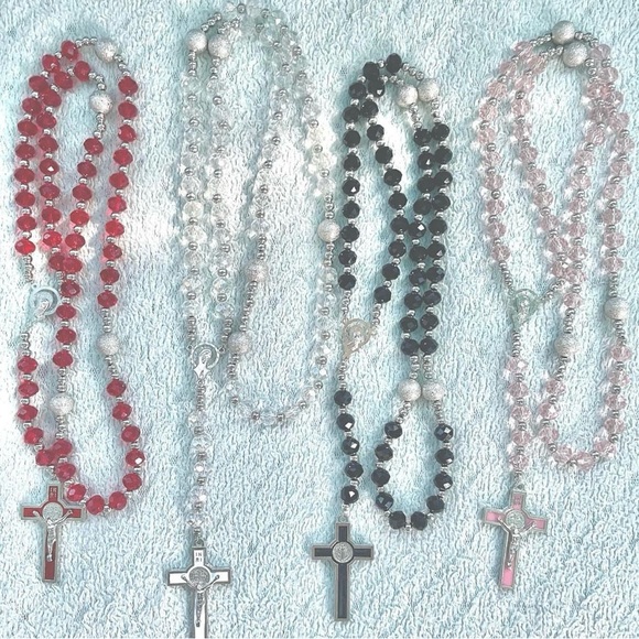Red, White and Black, Pink Rosary Beads with Cross Pendant - Picture 2 of 2